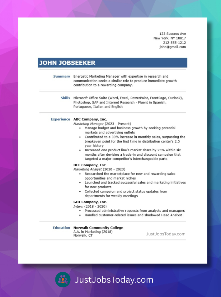 Resume Examples - Straight Resume Template